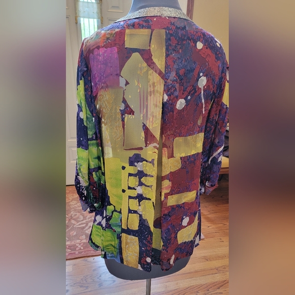 $395 NWOT MAGASCHONI BLOUSE TUNIC TOP EMBELLISHED JEWELED V NECK 3/4 SLEEVE XL - Picture 4 of 11